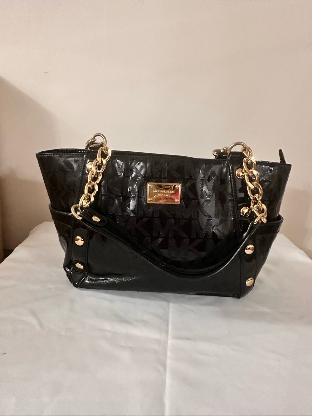 Michael Kors Black Patent Logo Tote with Gold Chain Handles